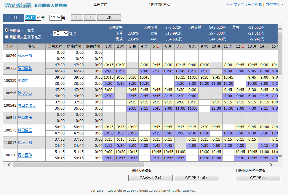 ワークシフト管理システム フジモト株式会社